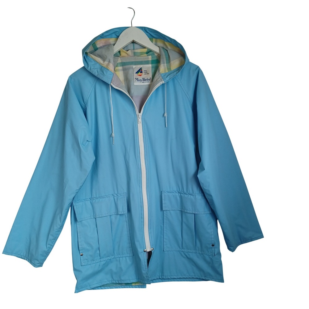 Misty Harbor Any Time Jacket Blue PVC Hooded Raincoat Plaid Lining Womens M Flaw